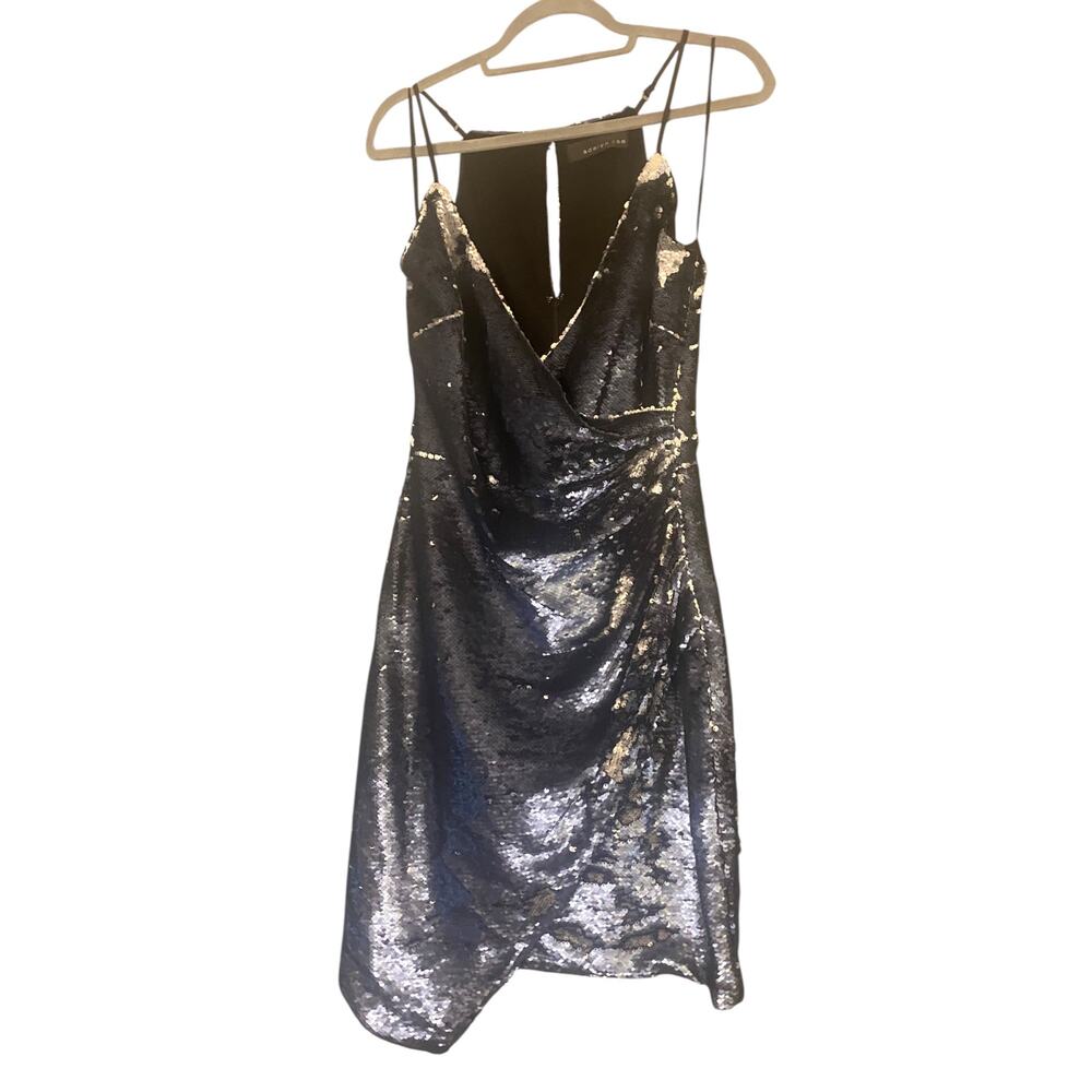 Adelyn Rae Dark Blue Sequin Cocktail Dress True Wrap V-Neck Lined Size medium